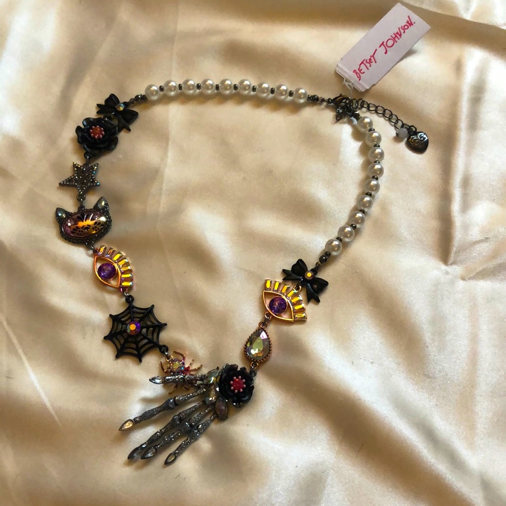 Betsey Johnson Glampire Faux Pearl Skeleton Hand & Halloween Icons Necklace NWT